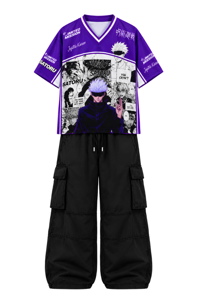 Gojo Outfit — Premium anime archive look featuring custom Jujutsu Kaisen Gojo jersey and matching multi-pocket cargo pants.