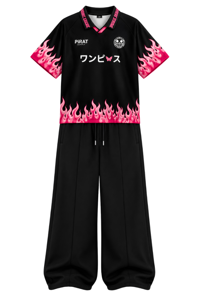 OP Flame Outfit — Premium anime archive look featuring custom One Piece flame collar jersey and matching wide-leg trousers.