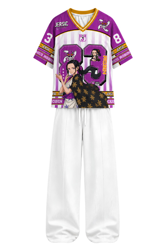 Robin Purple Outfit — Premium anime archive look featuring custom Nico Robin purple jersey and matching white wide-leg trousers.