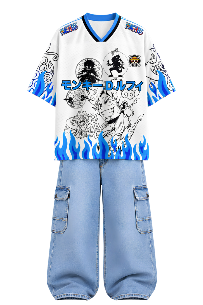 One Piece Luffy Blue Flame Outfit Premium anime archive look featuring custom One Piece Luffy blue flame v-neck jersey and matching light blue denim cargos.