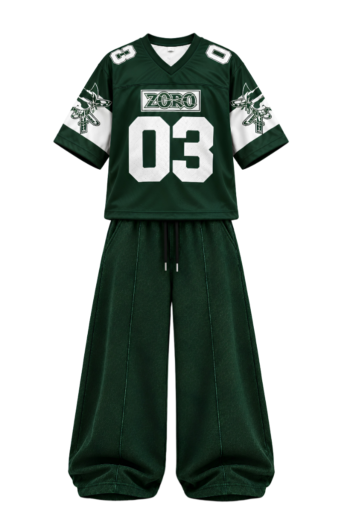 One Piece Zoro Green Outfit Premium Anime archive look featuring custom Roronoa Zoro green jersey and matching dark green Baggy Fleece Streetwear Sweatpants.