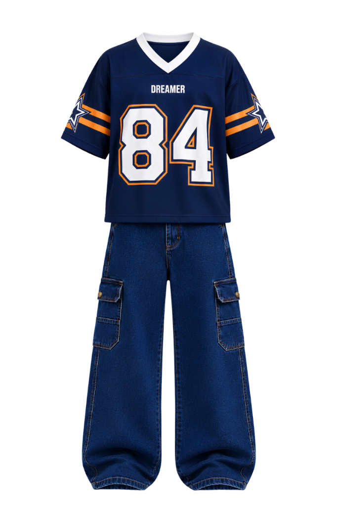 Dreamer 84 Outfit Two-piece street athletic suit featuring the oversized Dreamer 84 mesh v-neck jersey styled with deep indigo wide-leg cargo denim.