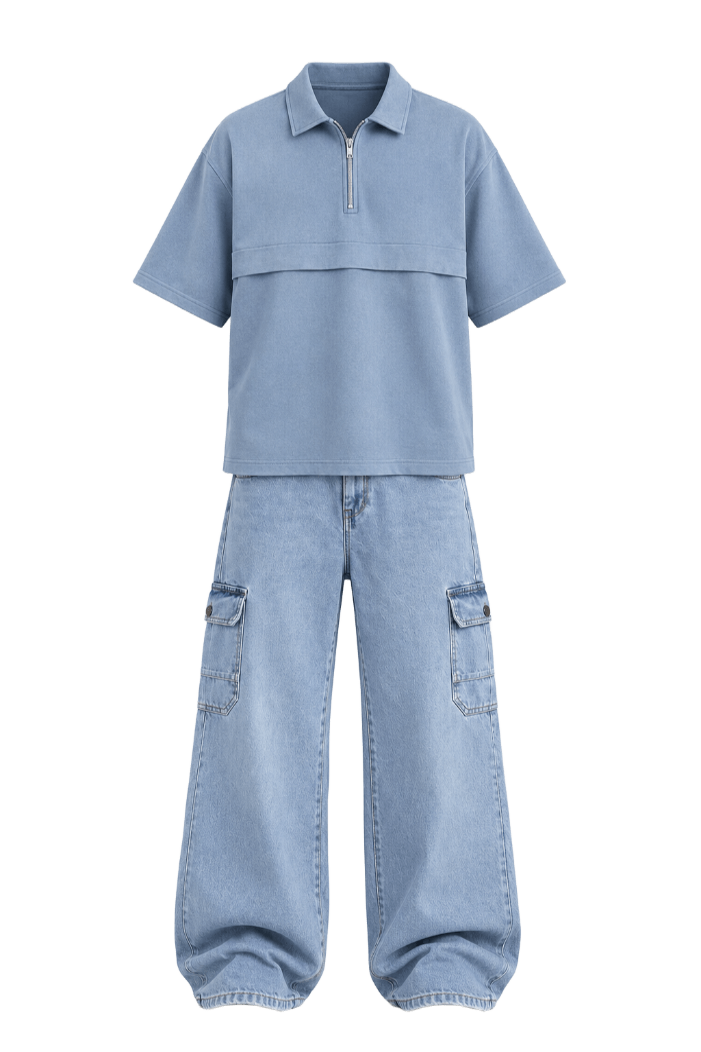 Light Blue Outfit Two-piece monochrome pastel set featuring the light blue relaxed graphic shirt and slouchy wide-leg pants.
