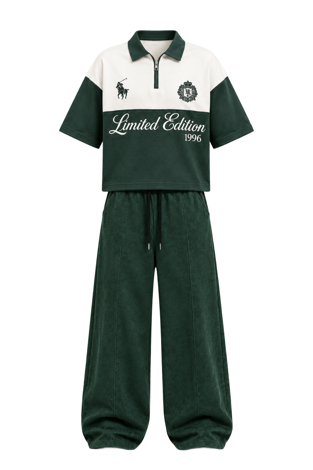 Limited Edition 1996 Green Outfit Two-piece bespoke ensemble pairing the signature 1996 quarter-zip forest green polo withdark green Baggy Fleece Streetwear Sweatpants..