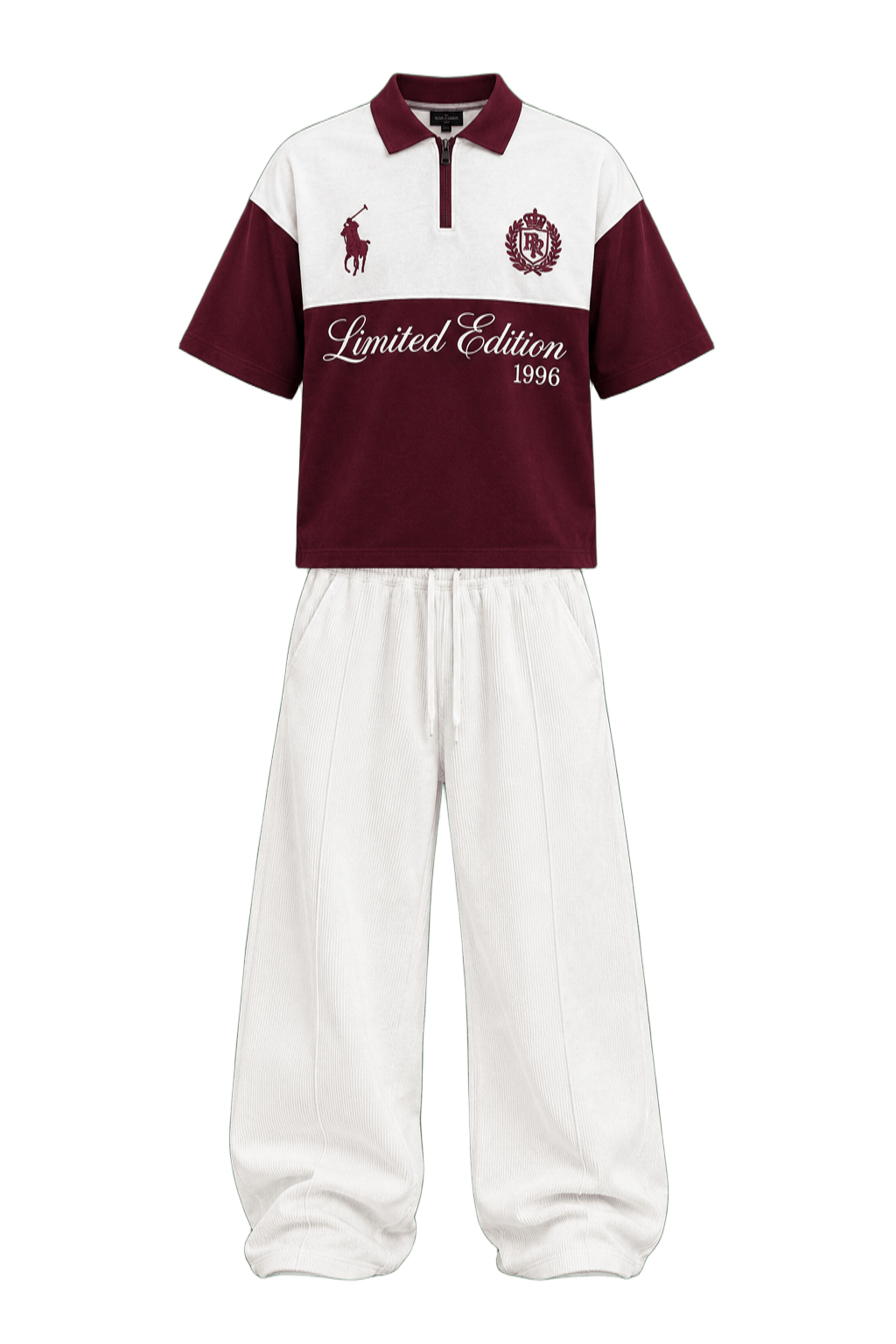 Limited Edition 1996 Red Outfit Two-piece bespoke ensemble pairing the signature 1996 quarter-zip burgundy polo with pleated chalk-white corduroy trousers.