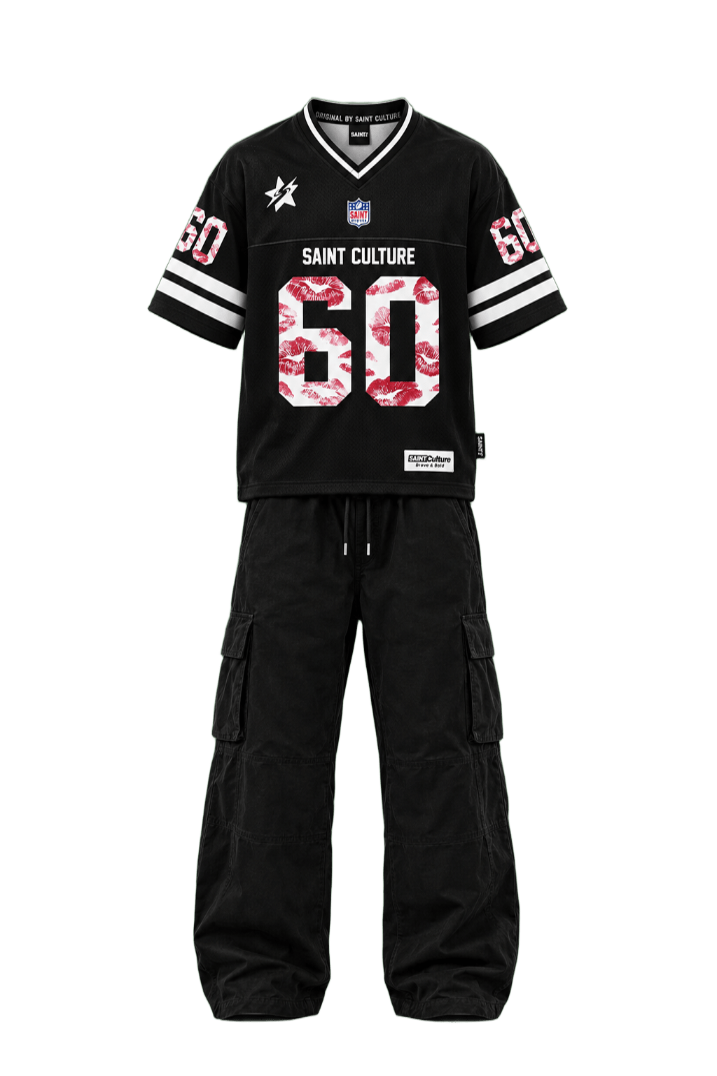 Saint Culture Outfit Archival two-piece suite combining the Saint Culture v-neck athletic jersey with baggy cotton cargo trousers.