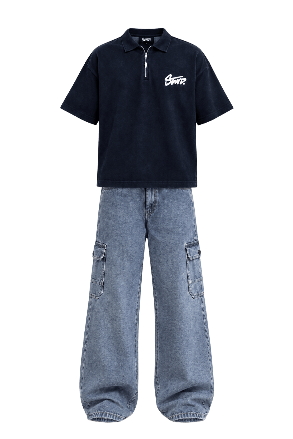 STWD Quarter-Zip & Cargo Denim Outfit Two-piece street-engineered outfit combining the obsidian STWD quarter-zip polo shirt with relaxed wide-leg cargo denim.